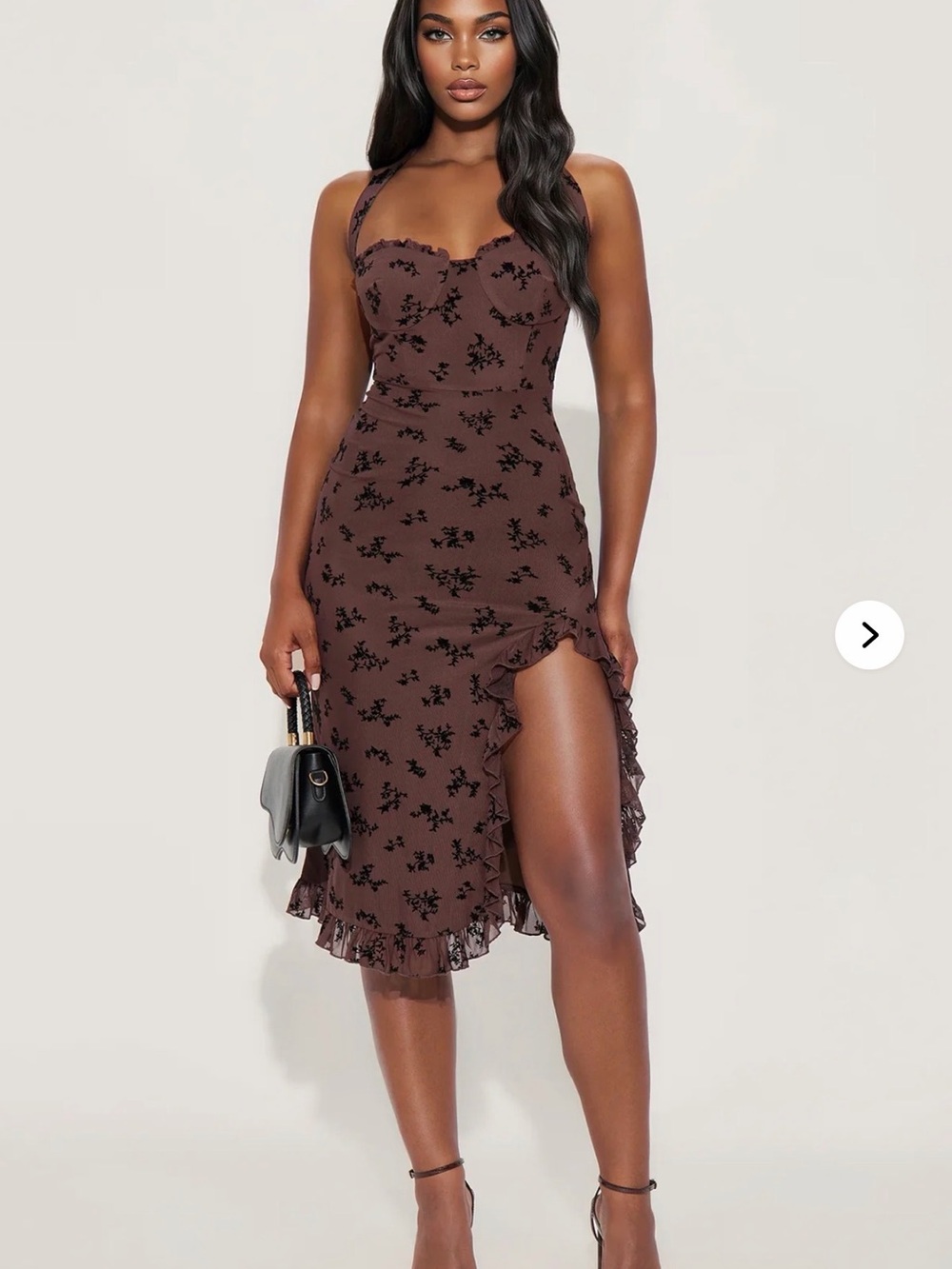 Fashion Nova Brown Floral Ruffle Salsa Dancing Midi Dress